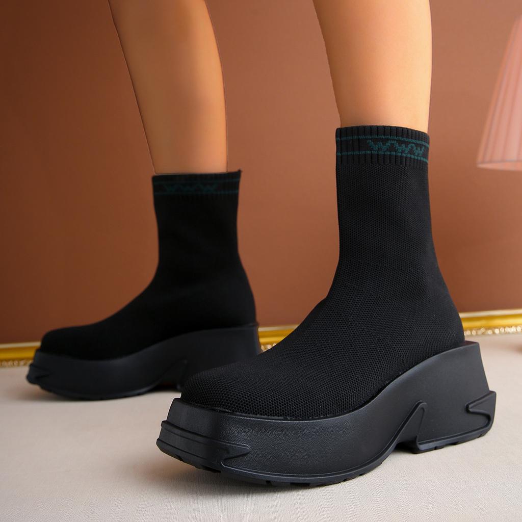 Flying knitted socks boots thick heel cigarette boots women's thick-soled muffin bottom short tube breathable short tube single boot large size Martin
