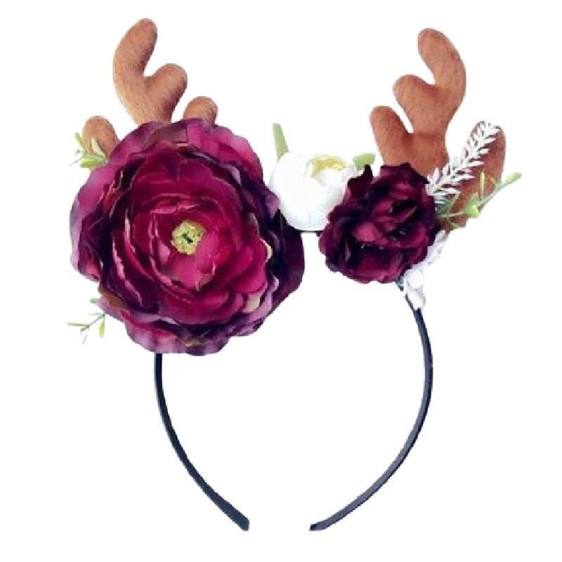 Festive Red Velvet Reindeer Antlers Headband With Floral Design For Girls