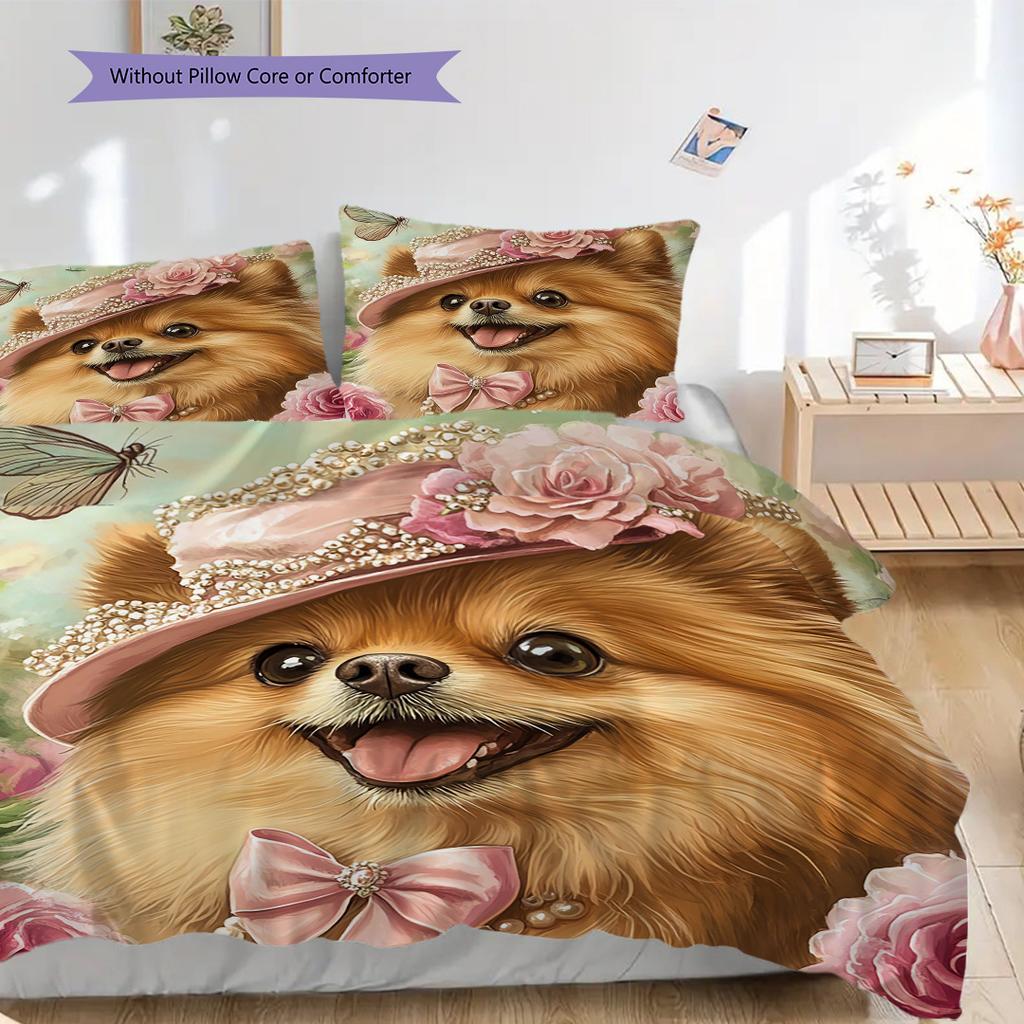 Pomeranian Pattern Bedding Quilt Set Quilt Cover Pillowcase Home Decoration Birthday Gift (1 * duvet cover + 2 * pillowcase, without core)