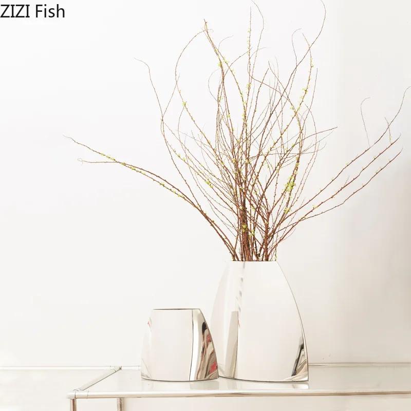 Silver Arc-shaped Smooth Metal Vase Flowers Pots Desk Decoration Flower Arrangement Crafts Floral Vases Room Aesthetic Decor