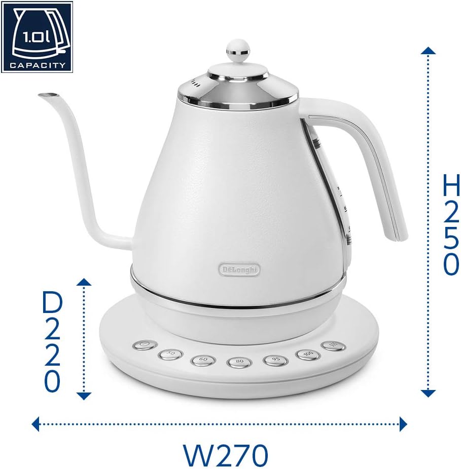 DeLonghi KBOE1230J-W Electric Cafe Kettle with Temperature Setting Function, 1.0 L (1.0 L) White
