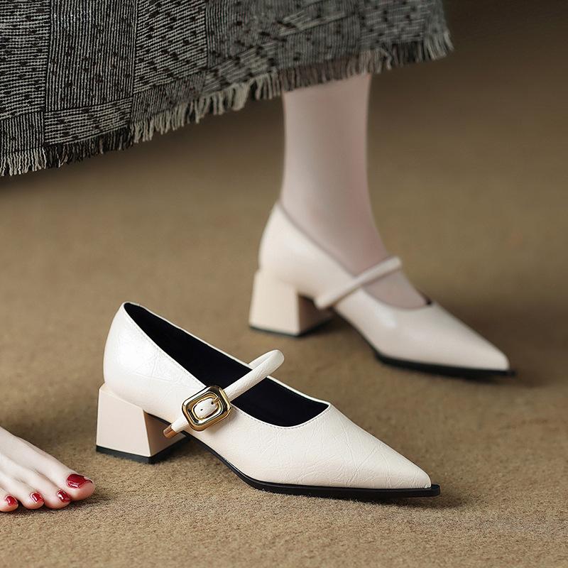 83656-1 Huidong County Daling Schuhe Mary Janes Damenschuhe Dicker Absatz Hohe Absätze Frühling Einzelne Schuhe Damen Spitz Kleine Lederschuhe