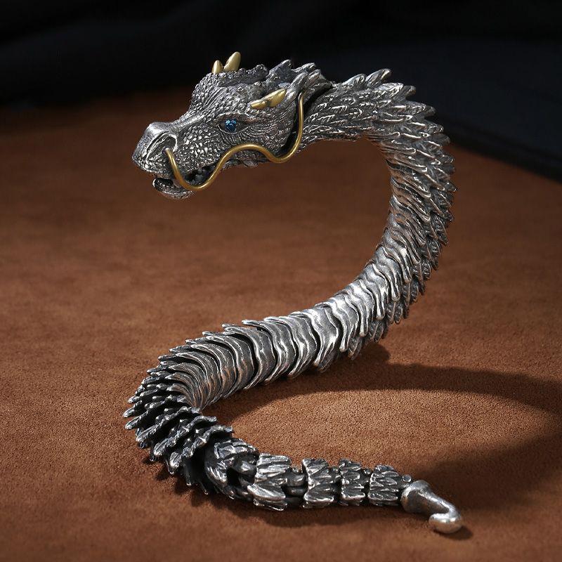 Collector's Grade Handmade Retro Thai Silver Dragon Head Bracelet - High-End Ethnic Fashion Jewelry