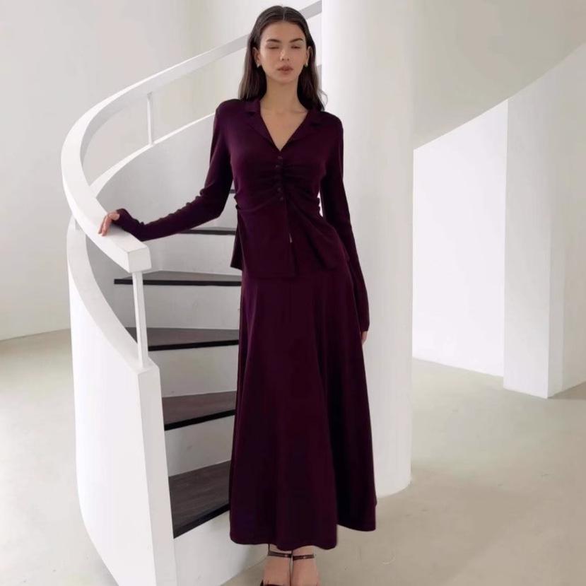 2025 Women's V-Neck Cardigan & Long Dress Set - Autumn/Winter European Style