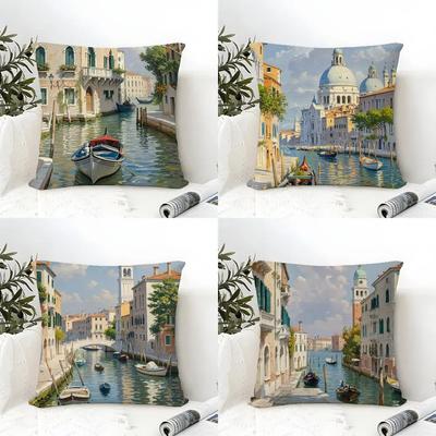 Oil Painting Venice Town Cushion Cover Eco Linen Pillow Case DoubleSided Print Breathable Durable Zipper Home Decor Gift