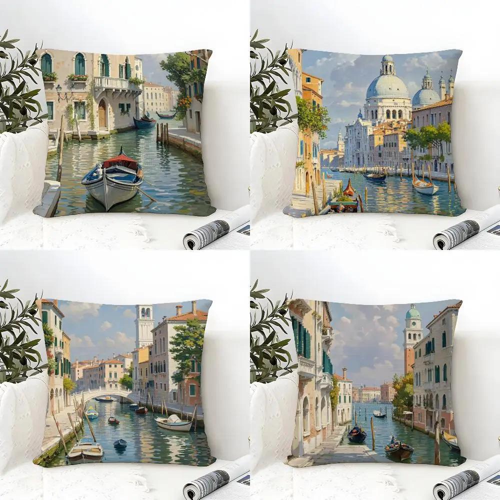 Oil Painting Venice Town Cushion Cover Eco Linen Pillow Case DoubleSided Print Breathable Durable Zipper Home Decor Gift