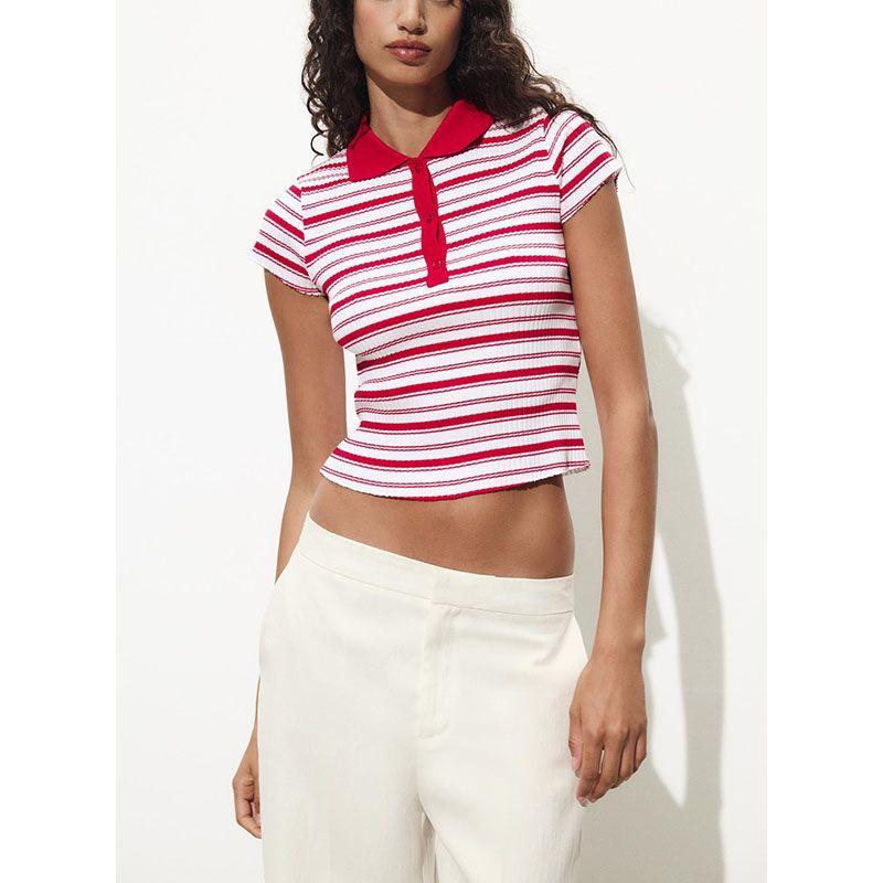 Summer New Product Women's Clothes Breasted Decorative Cotton Stripes Rib Lapel Short Sleeve Polo Shirt 0858154
