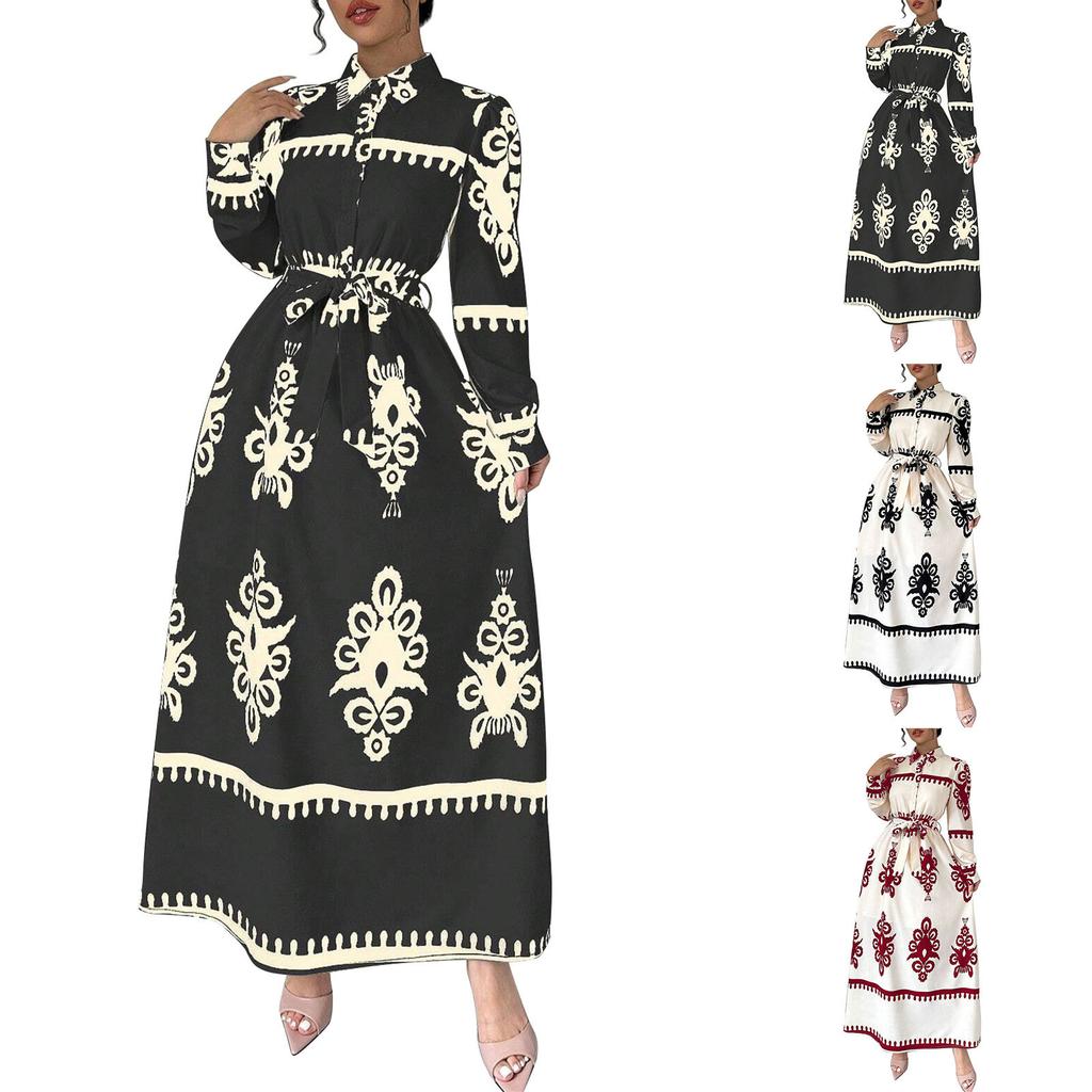 Women's Long Sleeve Lapel Button Printed Bodycon Sexy Nightclub Party Belted Dress