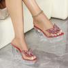 Women's Clear Transparent Platform Slippers,  Thick Curved Block Heels, Sparkly Rhinestone Summer Sexy Slip On Sandals