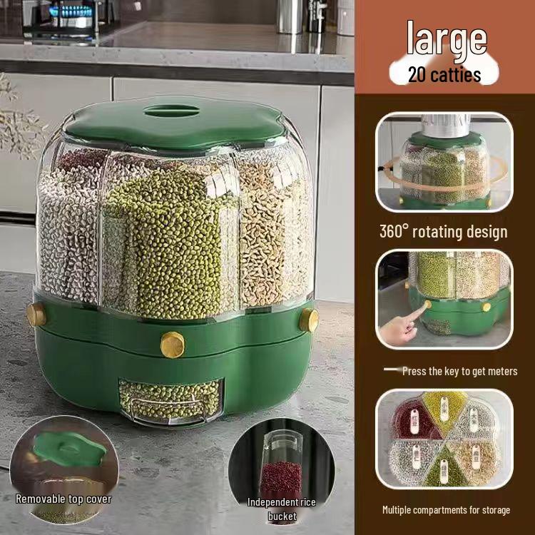 

Вращающийся дозатор риса: Контейнер для хранения, защищенный от насекомых и влаги, с разделенными отсеками для зерна