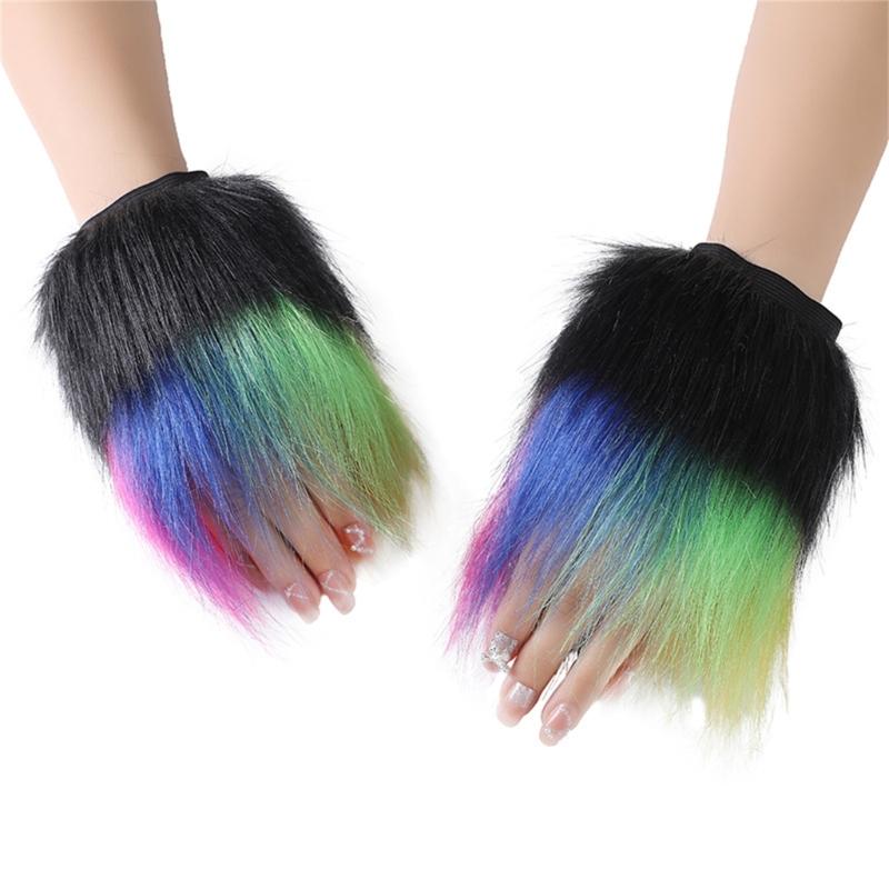 Fingerless Rainbow Fleece Gloves For Winter Soft Plush Warmth Unisex Design Colorful Bear Cosplay