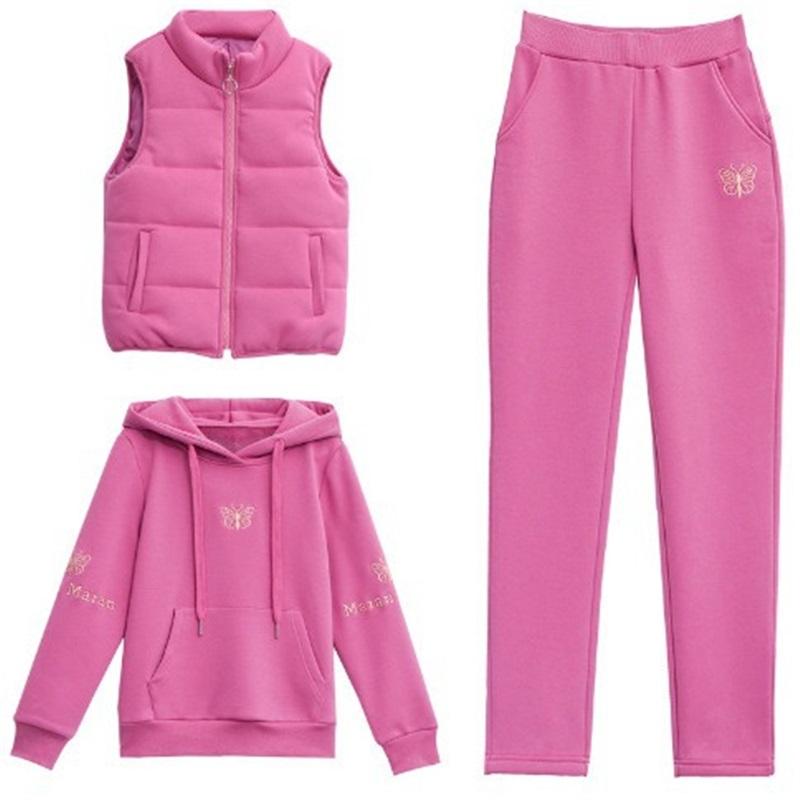 Women's Winter Autumn Thick Vest + Warm Outfit Loose Hooded Tracksuit + High Waist Pant Suits Plush Lined Sweatshirts Women 3 Pieces Sets