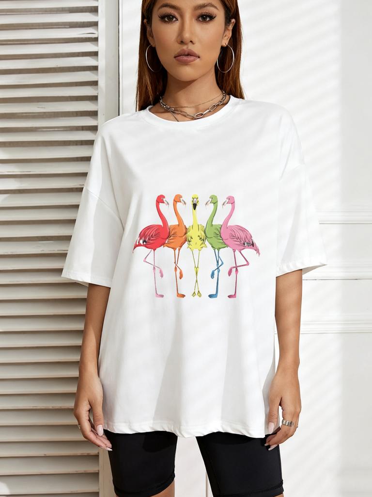 Camiseta Oversize Estampado de Flamenco Blanco Ropa Casual de Verano