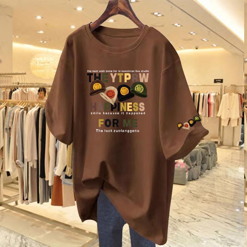 

Pure cotton short-sleeved women s T-shirt 2025 summer new foreign style fashionable and thin round neck top with bottoming shirt XXXL