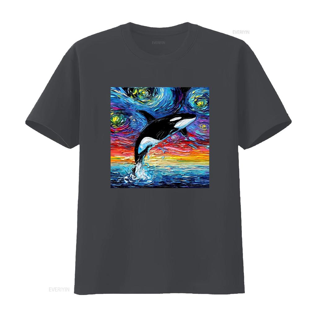 Vibrant Orca Killer Whale Starry Night Ocean Art T Shirt Vintage Washed Streetwear Stretched Casual Versatile