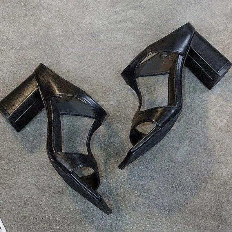 Fashion Women's High Heel Shoes 2025 Spring New Slippers Fashion Versatile Solid Color Medium Heel Thick Heel Square Toe Sandals Women