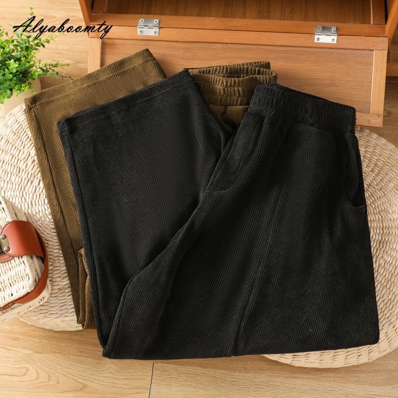 Korean Style Spring Autumn Women Harem Pants Elastic Waist Black Brown Casual Loose Corduroy Capris Vintage Baggy Ladies' Basic Pants