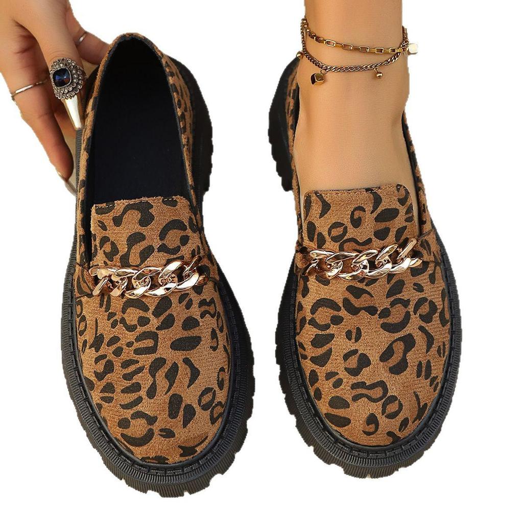 British Style Leopard Print Velvet Loafers with Thick Sole - Large Size, Slip-On Women's Shoes, Summer 2025 Collection.