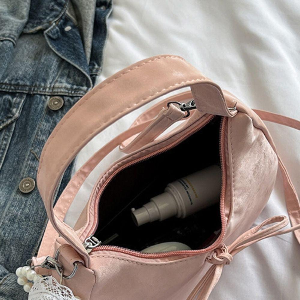 Lace Pearl Pendant Bow Shoulder Bag Large Capacity French Style Handbag PU Hobo Bag  Streetwear
