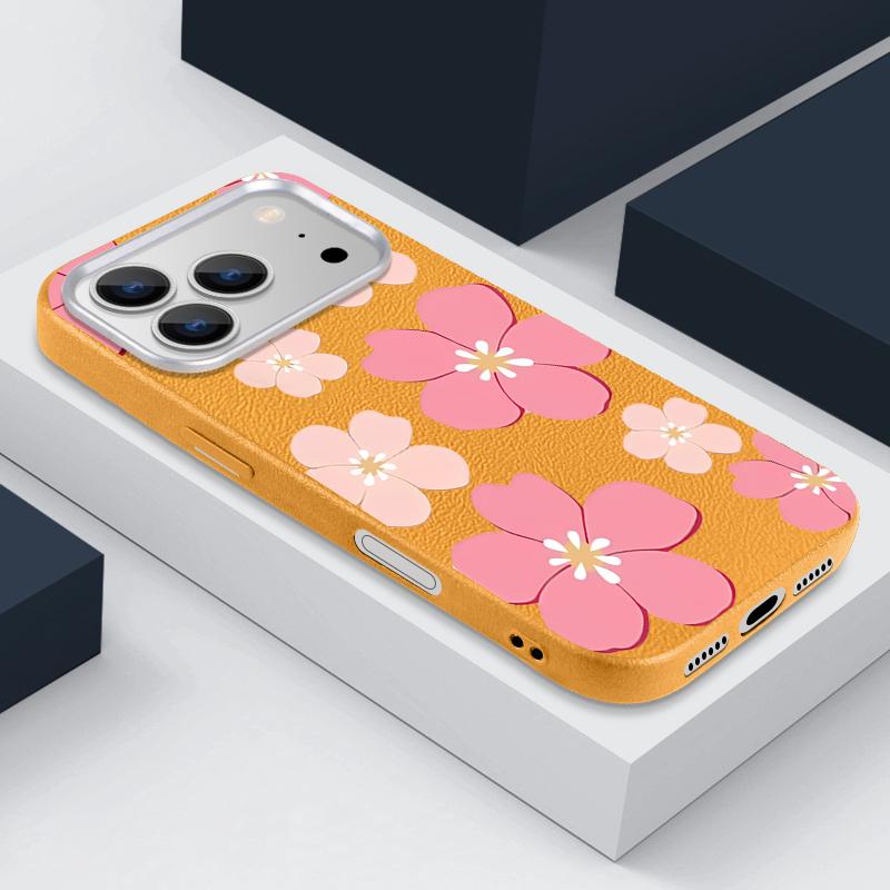 For iPhone 17 Pro Max Case Fresh Style Cherry Blossom Pattern Leather Texture Soft Silicone Cover For iPhone 16 15 14 13 Pro 12 11 16E Air