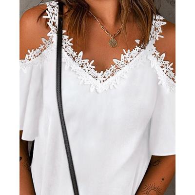 Elegante V-ausschnitt Sexy Spitze Frauen T Shirts Sommer Weiß Kurzarm Tees Off Schulter T Hemd 2023 Fashion Solid Dame tops 26353