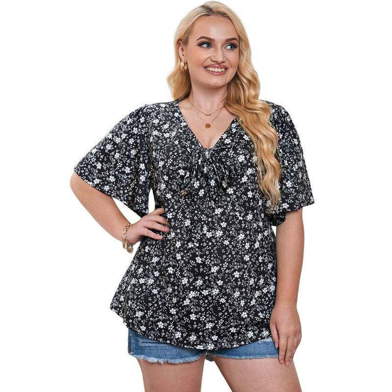 

American Shiying Bow V-neck Plus size Chiffon Shirt Women 2025 Summer New Flower Short sleeve Top Women Black 3XL fit (82.50 kg-90.00 kg