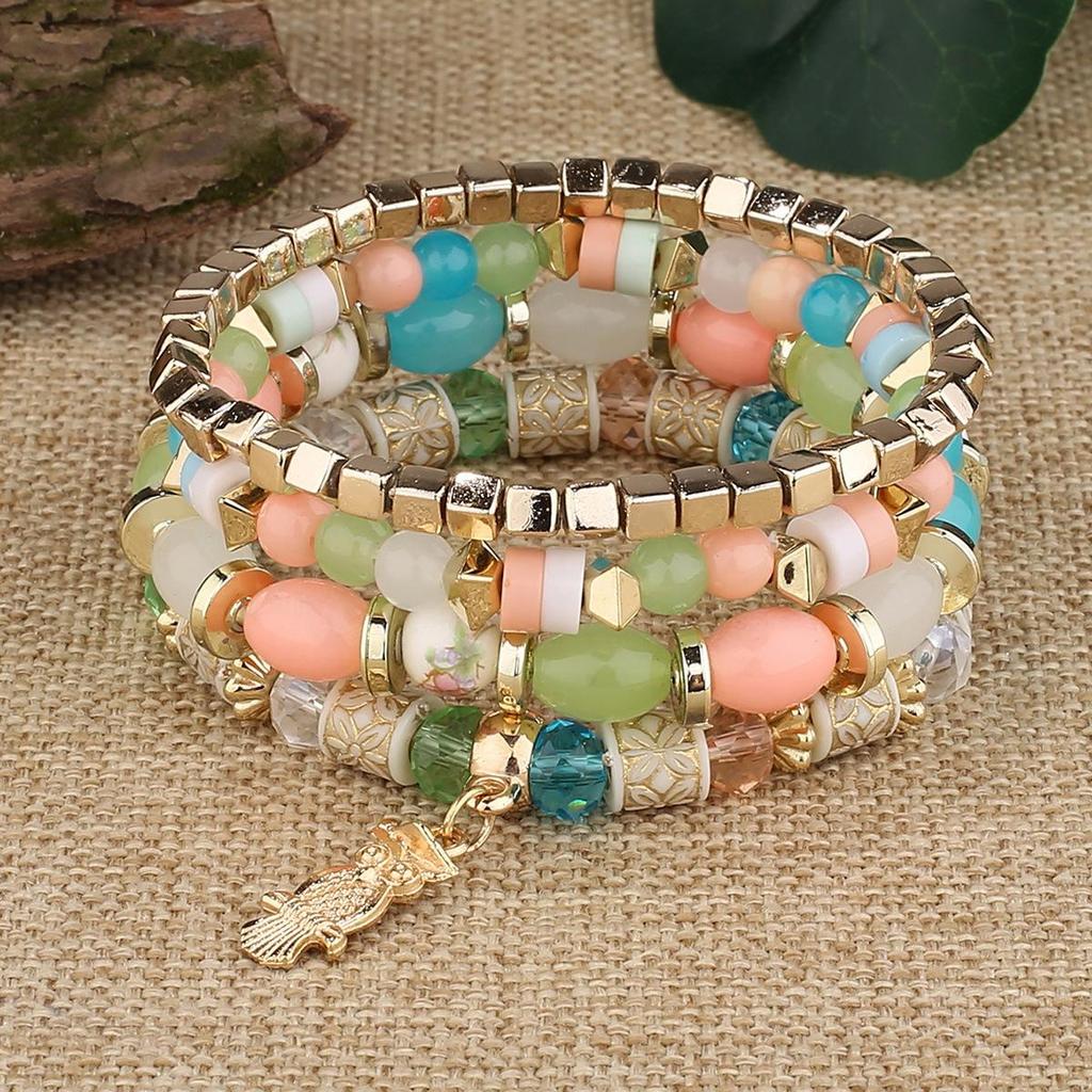 Bohemian Multi-Layer Beaded Bracelet with Owl Pendant