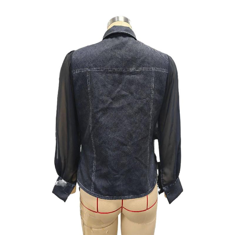 Spring New Women's Fashion Casual Faux Denim Patchwork Chiffon Long-sleeve Top