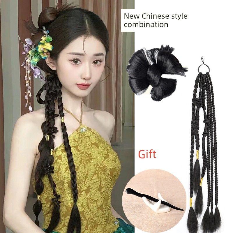 Ponytail Wig New Chinese Style Braid Female Cable Stitch Boxing Long Braid Twisted Gold Thread Braid Bridal Hair Accessories Studio Photography