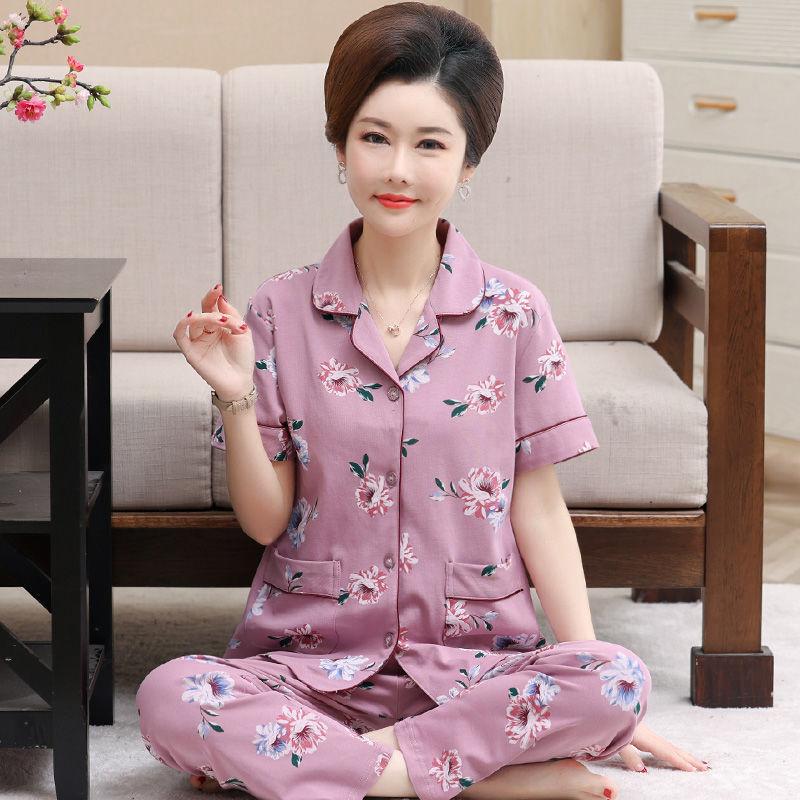 Summer cotton pajamas women's short-sleeved trousers middle-aged women's plus-size cardigan set thin loungewear