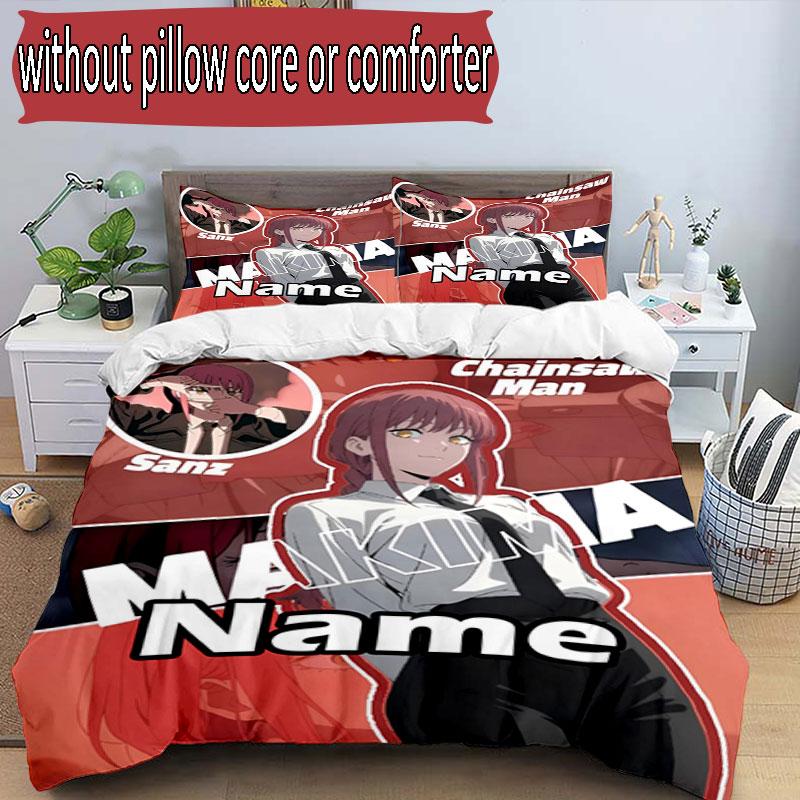 3pcs Duvet Cover Set (1*Duvet Cover + 2*Pillowcase, Without Core), Custom Name Makima Chainsaw Man Pattern Bedding Set, Home Bedroom Decor Gift