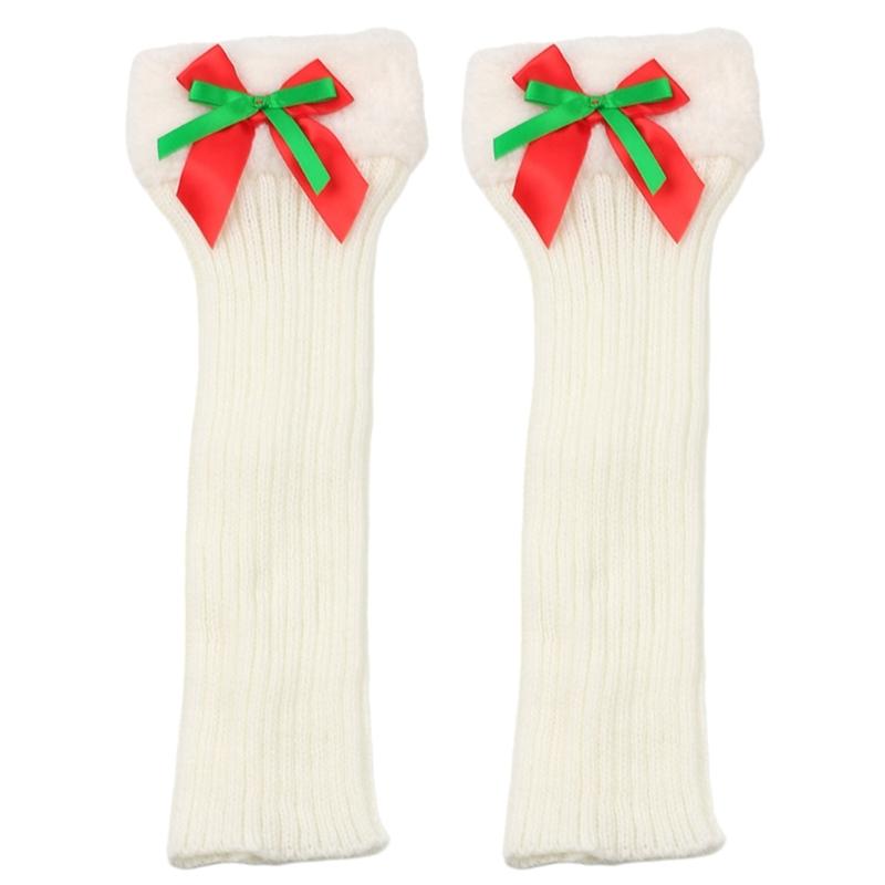 Ribbed Knitted Christmas Boot Cuffs for Women Sweet Bowknot Festival Plush Trim Leg Warmers Calf Socks for Cold Weather