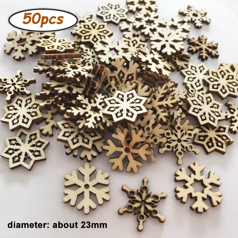 50pcs Snowflake Wood Slices Ornaments Christmas Cutouts Button Tags for Xmas Tree Hanging Painting DIY Crafts Gift Bags Decor