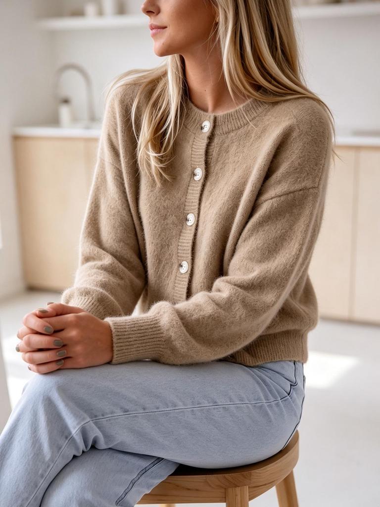 Women's Round Neck Loose Knitted Cardigan with Pockets, Single-Breasted, Long Sleeve, Casual Sweater Coat for Autumn and Winter