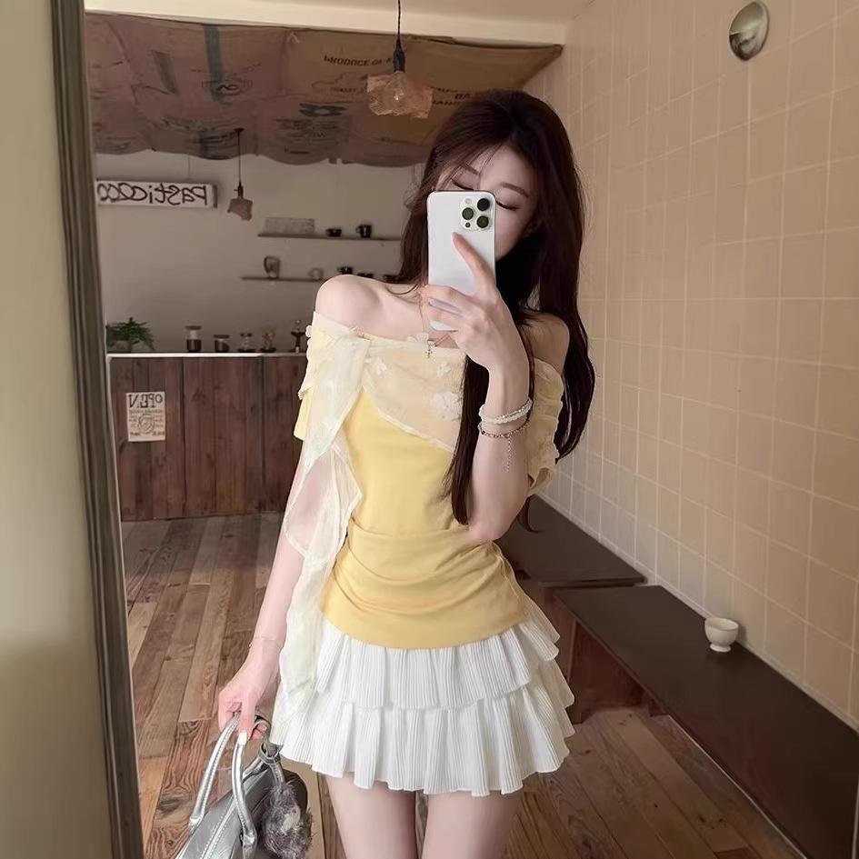 Fashion Chic Lace Splicing Flower Off-Shoulder Short Sleeve T-Shirt Women's Summer Korean Sweet Spice Girl Slim Skinny Top