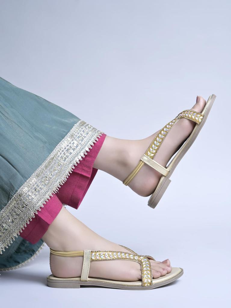 Shoetopia Womens Embellished Flat Sandals | Stylish Slingback Party & Ethnic Footwear Flats | Comfortable Daily Footwear