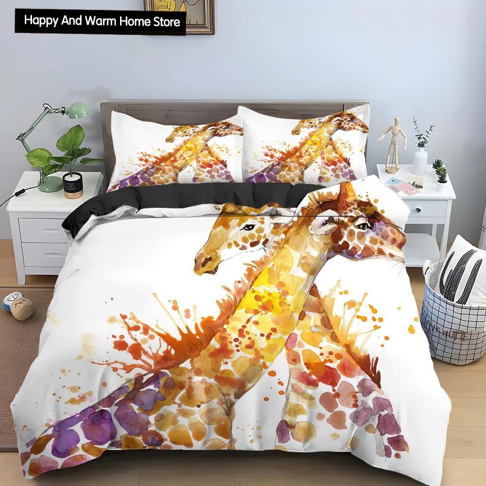 Cartoon Giraffe König Königin Bettbezug Jungen Mädchen Tier Bettwäsche Set Wildtiere Deckenbezug Polyester Bettdecke