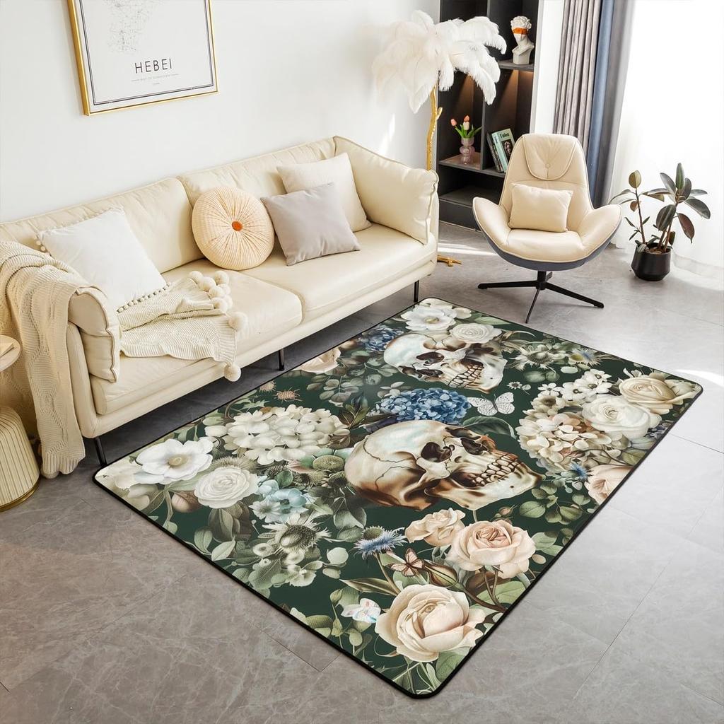 Erosebridal Moth Skull Moon Area Rug 4'11" X 3'3" Bohemian Stars Exotic Living Room Rugs Starry Sky Mysterious Decorative Carpet Black and W