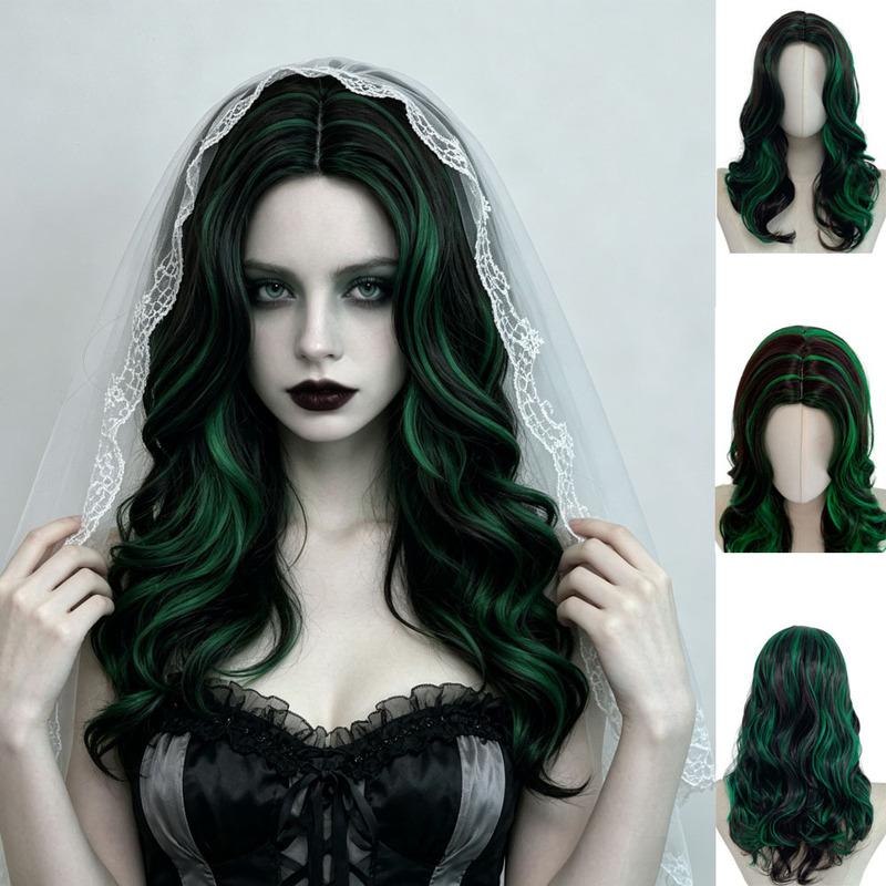 Fashionable Green Wavy Long Curly Hair Women'S Wig Outdoor Travel Party Cosplay Halloween Simulation Synthetic Wig Headgear