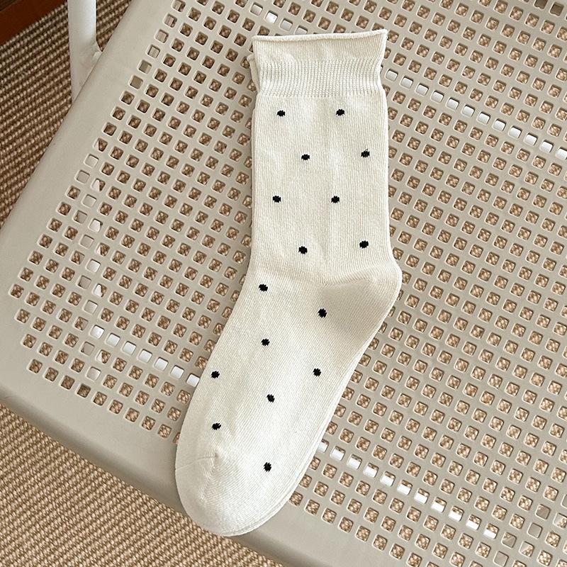 Women's Fall Ballet-Style Polka Dot Mid-Calf Cotton Scrunch Socks with Rolled Edge
