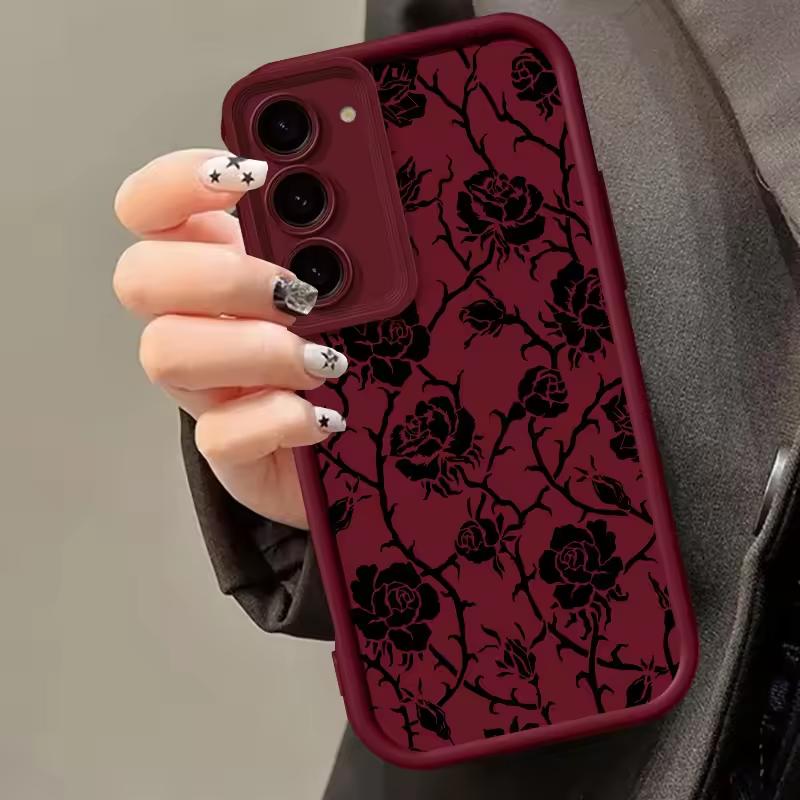 Black Rose Flower INS For Samsung Galaxy Case S24 S23 S22 S21 Ultra Plus Fe A55 A54 A53 A52 A35 A25 A15 A14 5G Phone Y2k Cover