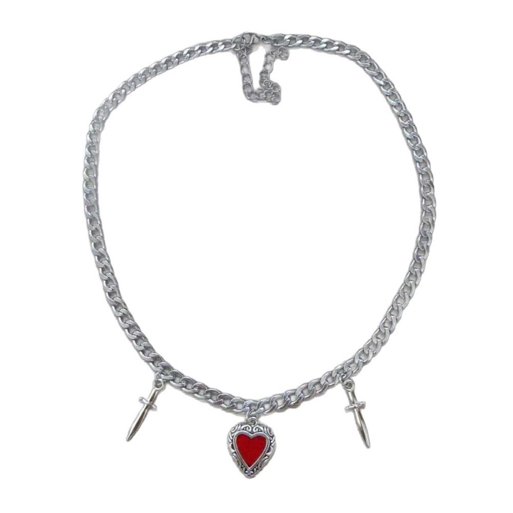 Punk Gothic Red Heart & Sword Pendant Choker Necklace Silver Color Cuban Chain for Women Men Party Daily Y2K Aesthetic Jewelry