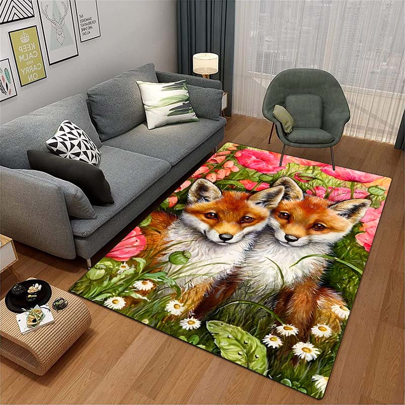 3D Cartoon Fox Carpet Fox Family Carpets for Children Room Playroom Living Room Forest Animals Area Rug Fire Fox Mat Home Decor
