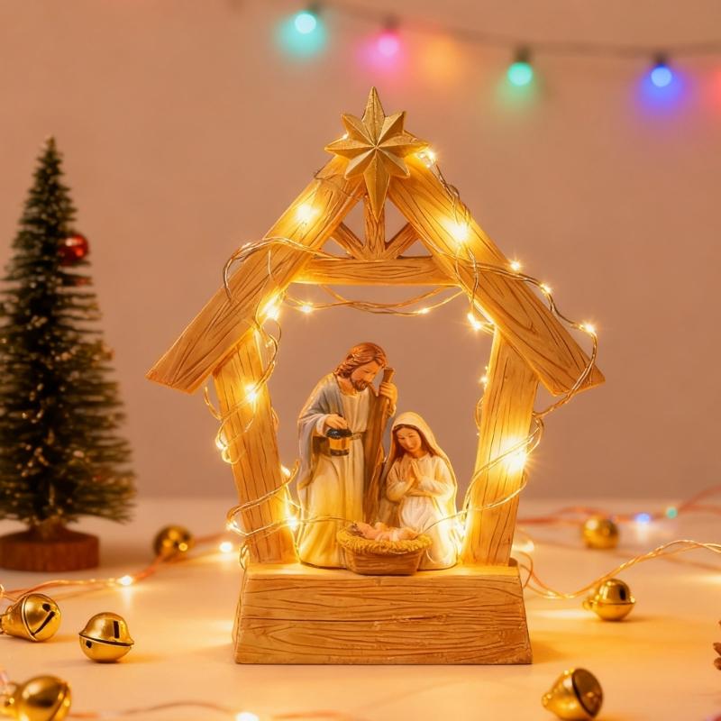 Warm LED Illuminating Nativity Scene Ornament Resin Craft Holy Family Figurine Statue Festive Christmas Display Piece