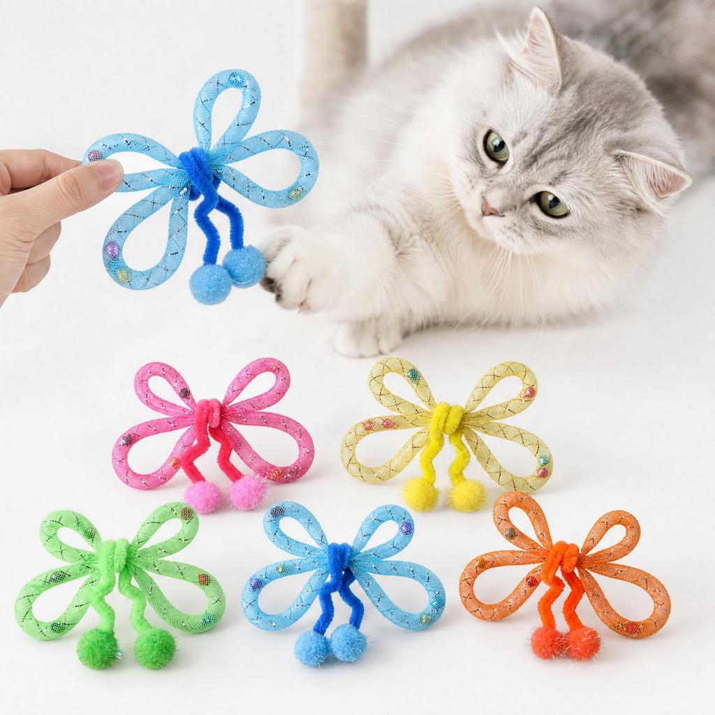 Colorful Shiny Tulle Butterfly Teaser Wand Toy with Flexible Tube for Interactive Play