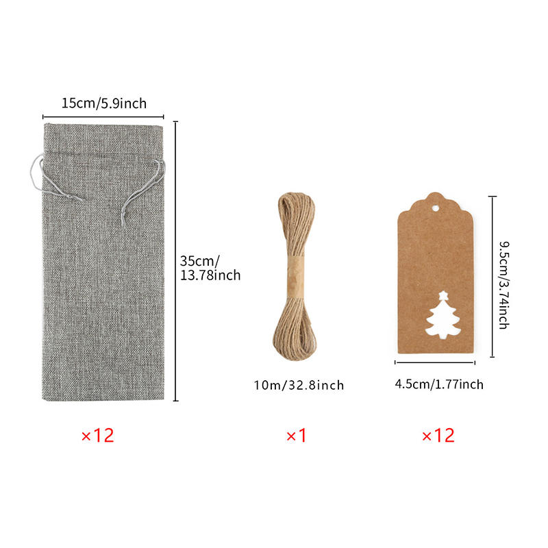 12PCS Christmas Simple Burlap Wine Bags with Tag And Ropes Holiday Party Reusable Gift Wrapping Bag Home Decor