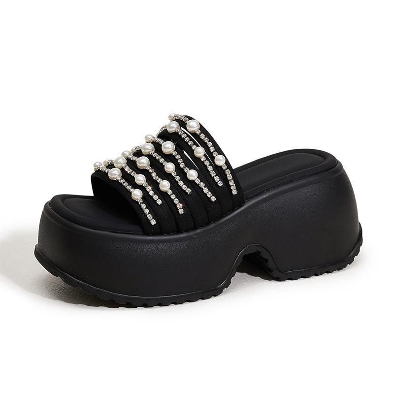 

Thick-bottomed slippers for women s outer wear 2025 summer new rhinestone non-slip and versatile one-and-a-half slippers fashionable cool slippers 39 чёрный