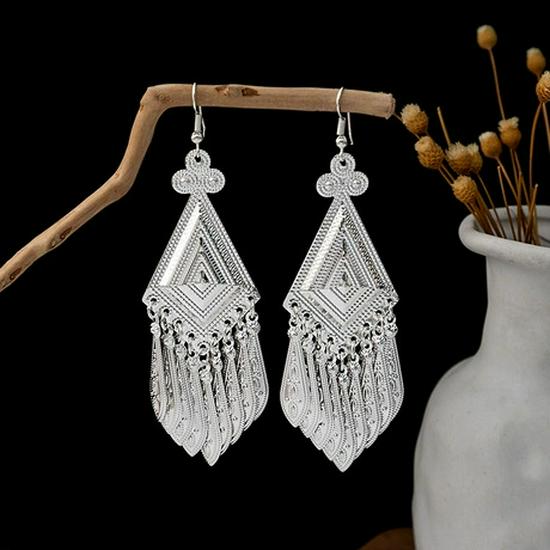 Peacock Tassel Earrings with Hollow Leaf Design in Retro Ethnic Style Imitation Silver for Women