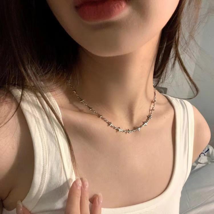 Hottie Stacks Double Star Cross Necklace Personality Ins Tide Collarbone Chain