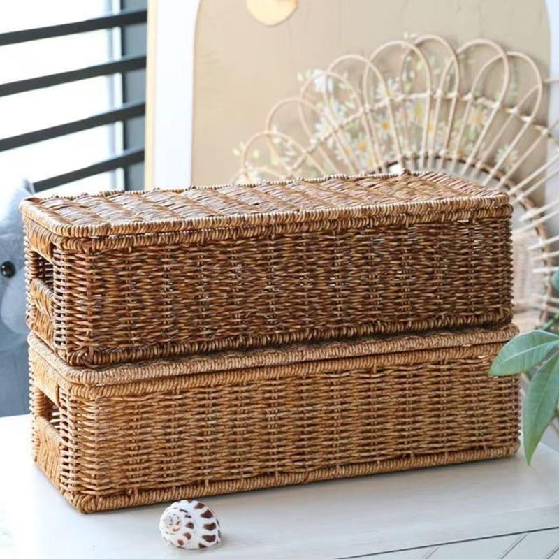 Rectangular Woven Storage Bin With Cover Plastic Storage Basket For Wine Present Packaging And Household Organization